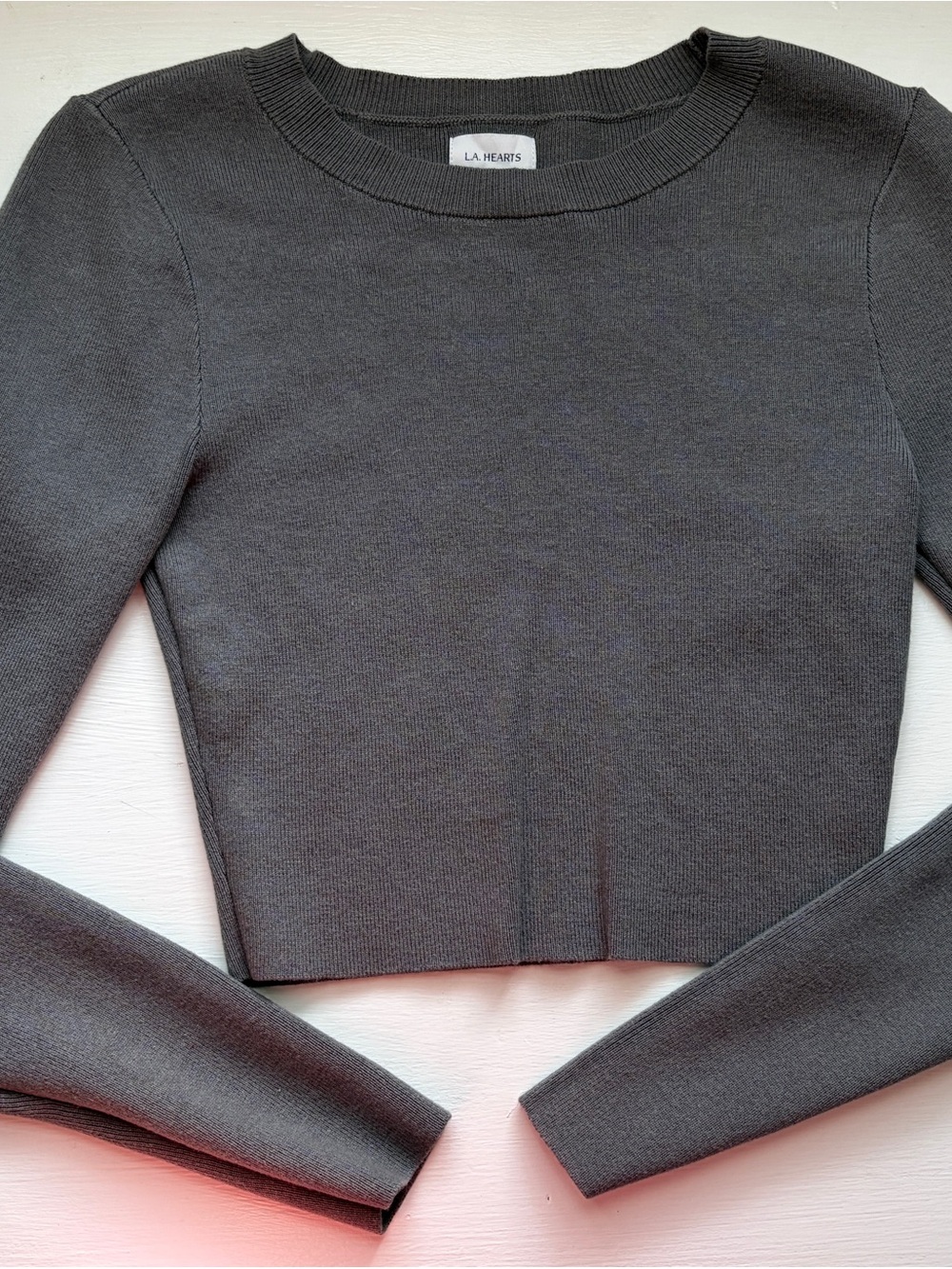 La Hearts Charcoal Cropped Long-Sleeve Knit Top